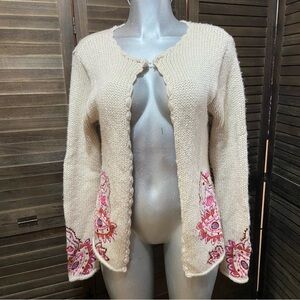 Friponne Wool Blend Open Knit Cardigan Sweater Floral Embroidery Coastal Grandma